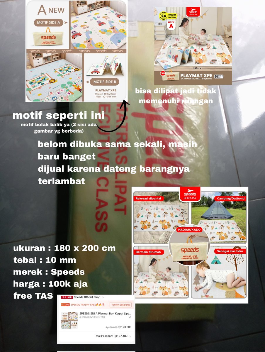 DIJUAL PLAYMAT 
kondisi masih baru banget, belom dibuka sama sekali, dijual karena barang dateng terlambat 
cocok buat kalian yg punya bayi atau balita, atau mau buat hadiah kado melahirkan lahiran kado nikahan juga bisa 
💸100k