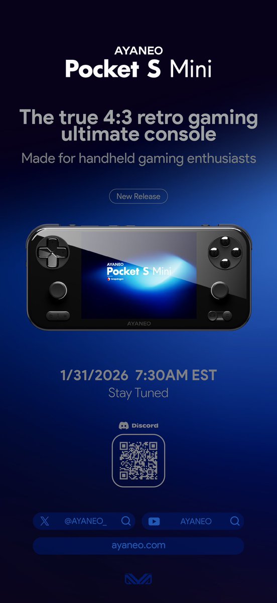 January 31, 2026, 7:30 PM EST
AYANEO Pocket S Mini Product Launch Event
#AYANEO Pocket S Mini#
The true 4:3 retro gaming console
Designed for handheld console enthusiasts who refuse to compromise
Welcome to participate in LIVE interaction🔥
