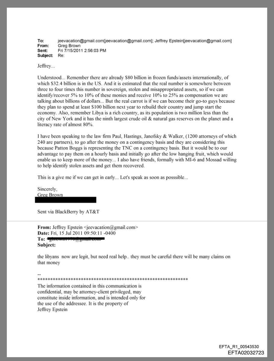 WarMonitors's tweet image. ⚡️#BREAKING Emails from July 2011 show that Jeffrey Epstein and an associate named Greg Brown discussed plans to extort Libyan officials and seize state assets under the pretext of helping rebuild the country, with involvement from former MI6 and Mossad.

The correspondence took…