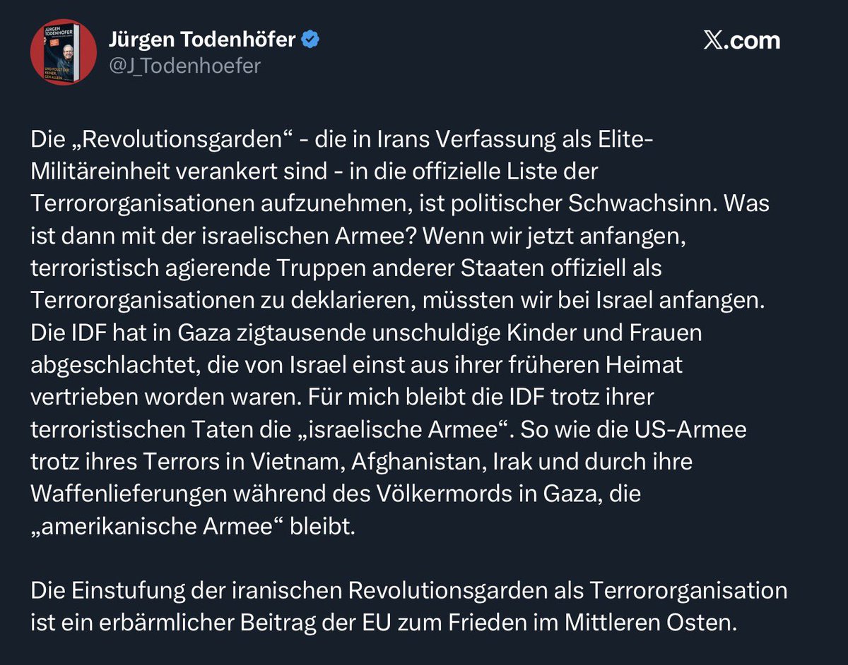 Mit „Todenhöfer“ sehen wir einen Account der den Geisteszustand der kompletten Pro-Hamas-Bewegung widerspiegelt.... Geistig verwirrte im Endstadium.