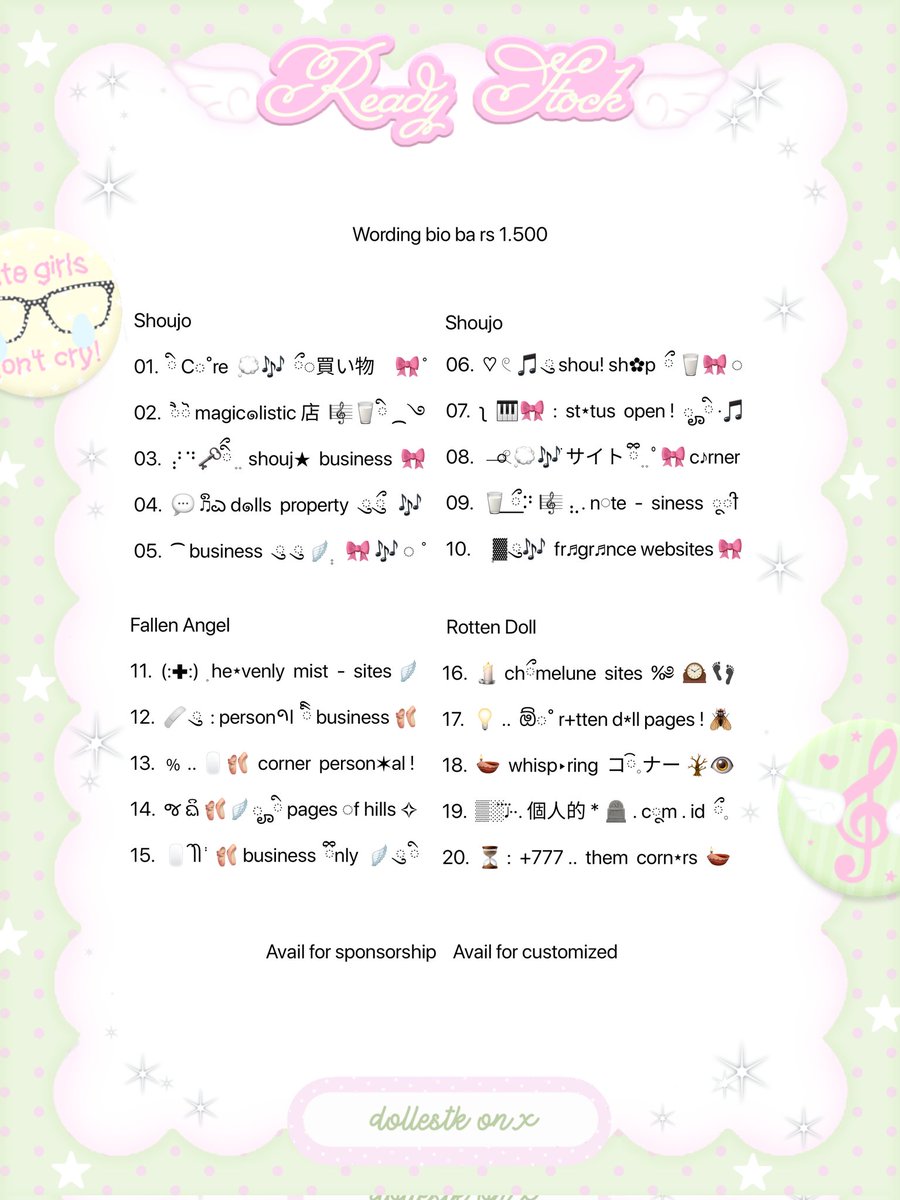 dollestk's tweet image. 💭🎀 𐂯 help repost please! sankyuuu ﹆ 🎹

moshi moshi! おはよう 🕯️🪞
aku ada wording bio short ba dengan 10 tema shoujo, 5 fallen angel dan 5 rotten doll yang bisa dijemput dengan harga 1.500 / each dan avail sponsor juga! Grab your love here, ダーリン 🩰🪽

#zonauang