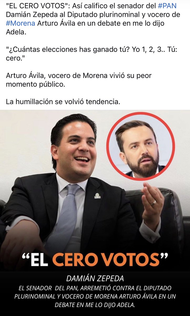fzavala12's tweet photo. El Senador @damianzepeda 
Dejó sin dientes a @arturoavila_mx 
Al llamarlo #CeroVotos 
Y se hizo viral 
ya que lleva dos días 
En 1er lugar en tendencia https://t.co/q8fLqxSCtB