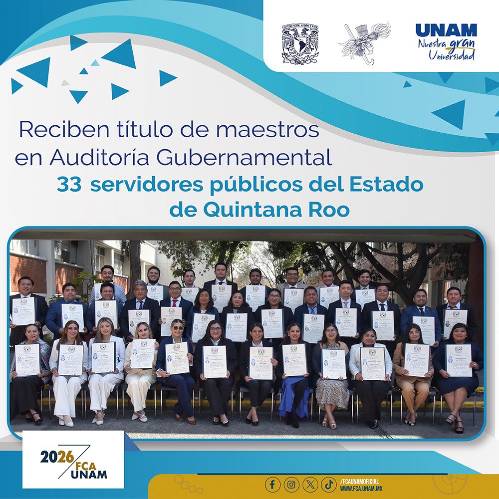 🗞️La FCA realizó la ceremonia de entrega de títulos de la Maestría en Auditoría Gubernamental, en la que 33 trabajadores de la Auditoría Superior del Estado de Quintana Roo obtuvieron su grado. 
repositorios.fca.unam.mx/fca_noticias/d…