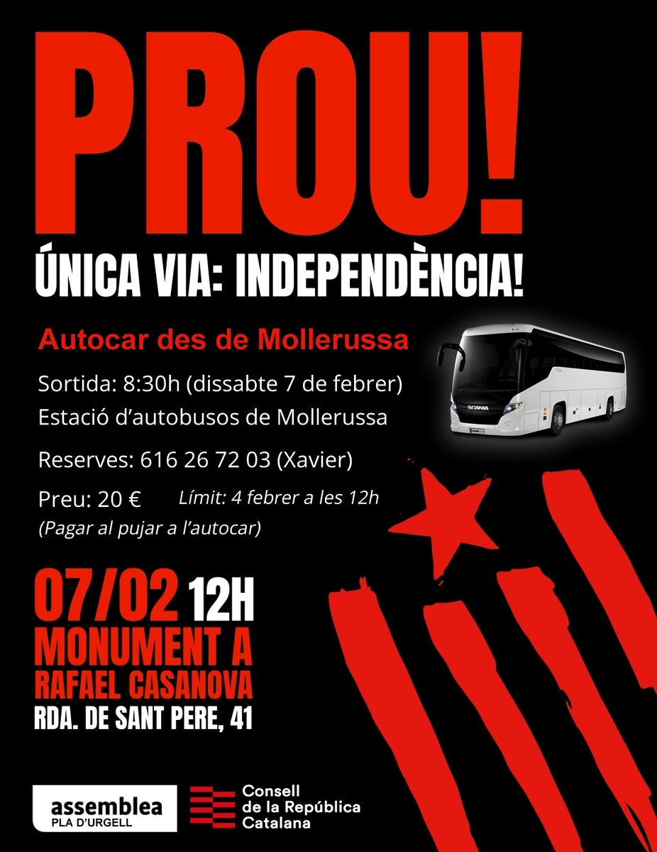 ANCplaurgell's tweet photo. 📢MANIFESTACIÓ DIEM PROU!
Prou retards, prou avaries i prou menyspreu.

📆dissabte 7 de febrer
🕗Sortida a les 8:30 h
📍Des de l'estació d'autobusos de Mollerussa
🚌Reserves: 616 26 72 03 (Xavier) - Límit: 4 febrer a les 12h
Preu: 20 € https://t.co/62IDt5MeI8