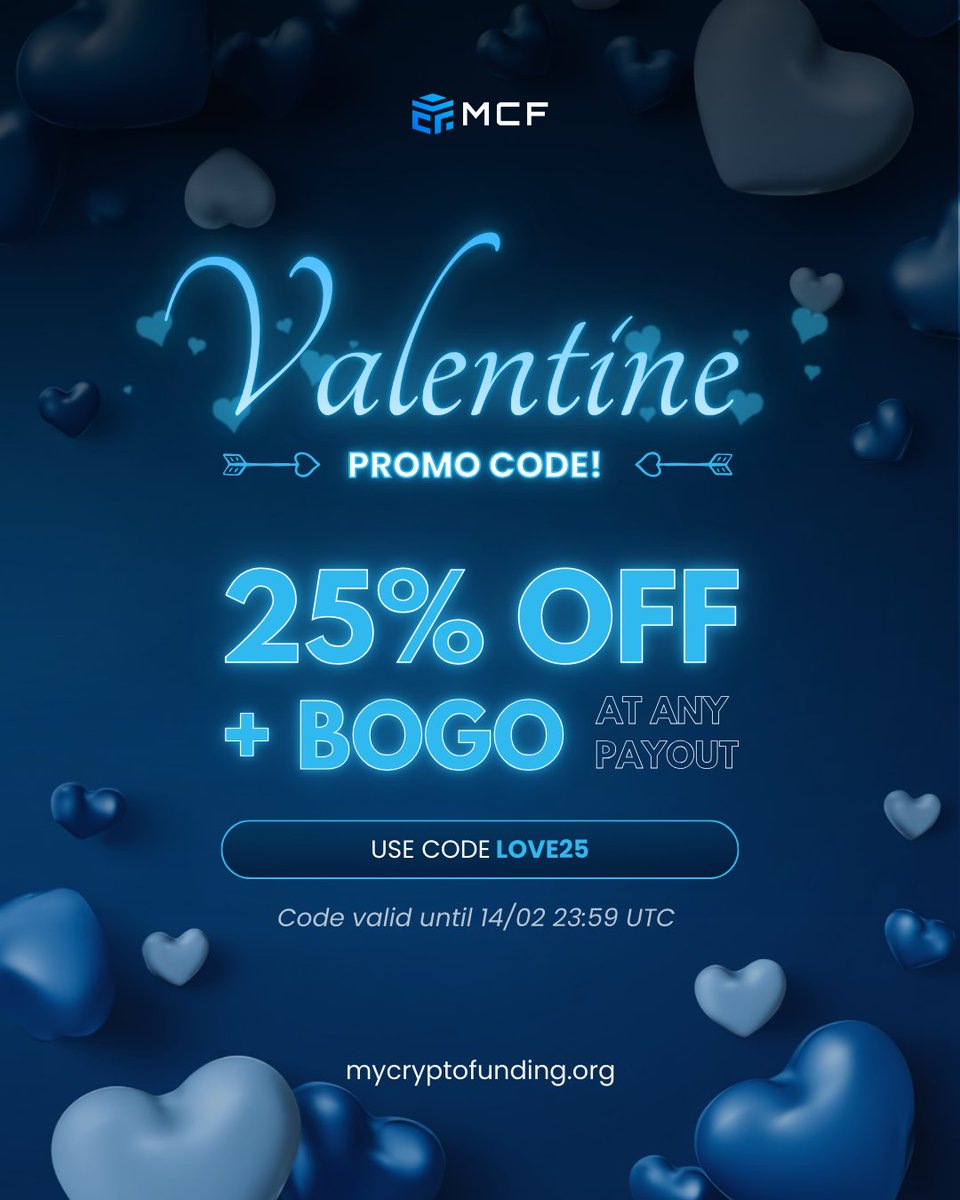 MyCryptoFunding's tweet image. Love the charts this Valentine’s 💙📊

25% OFF + BOGO at payout using code LOVE25
Trade smarter, scale faster

Ends 14/02 at 23:59 UTC ⏳🔥