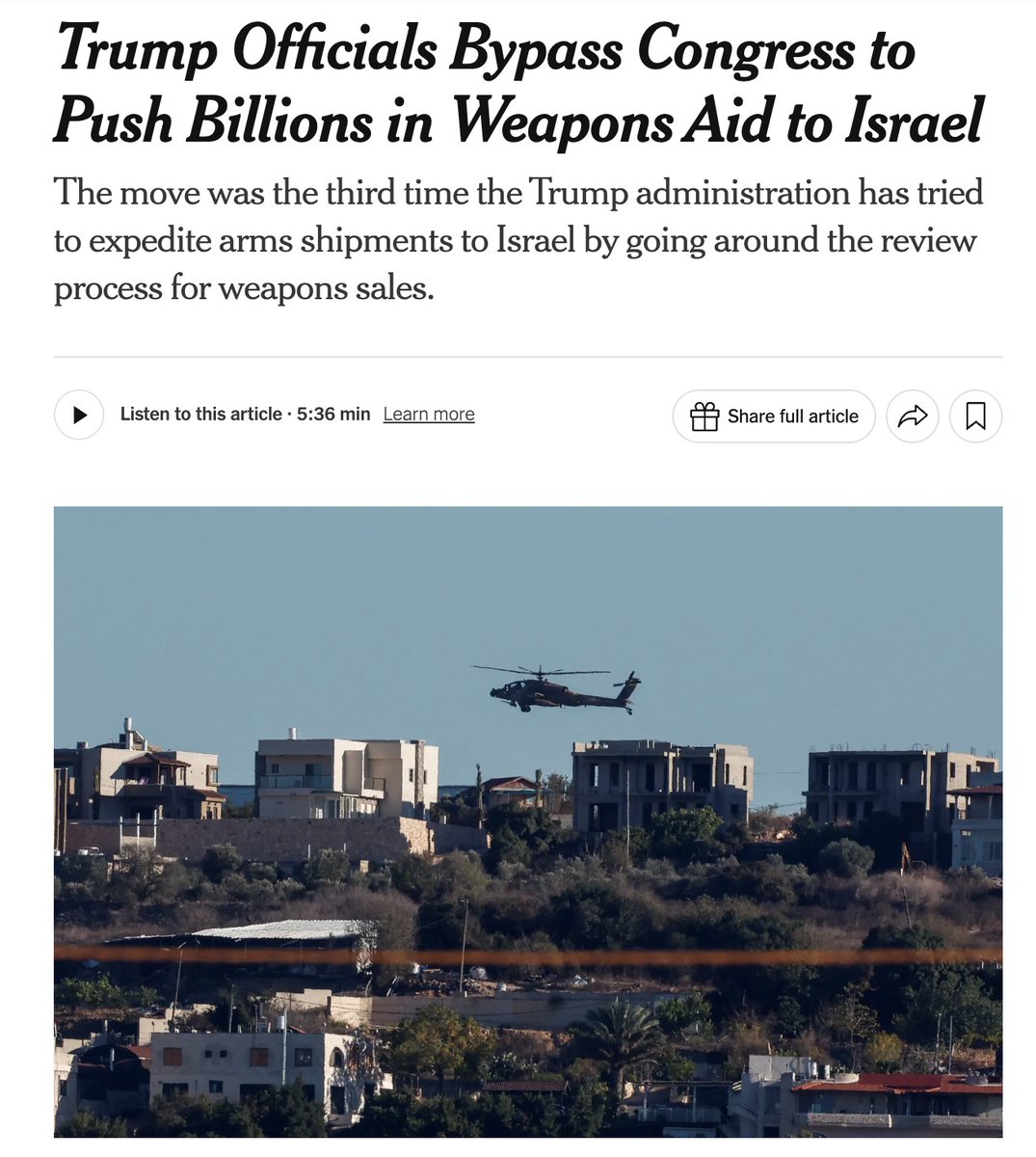 The Trump administration is bypassing a Congressional review process to send $6.5 billion of weapons aid to Israel. The package includes Apache attack helicopters and combat vehicles. It's the third time the Trump administration has gone around Congress to send arms to Israel.