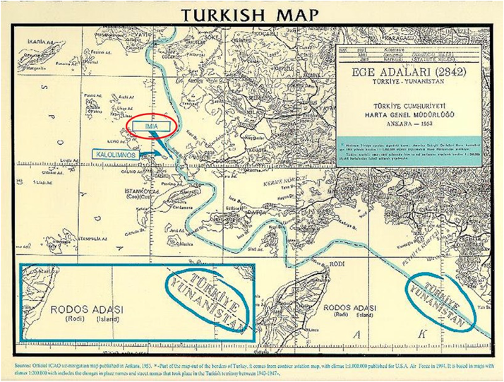 A map of Imia island according to Turkey (1952), a Greek island - Turkey's revisionism to deliberately distort (historical) facts and international law exposed, again

The image displays a Turkish map of Aegean Islands, published in 1952, by the General Directorate of Cartography