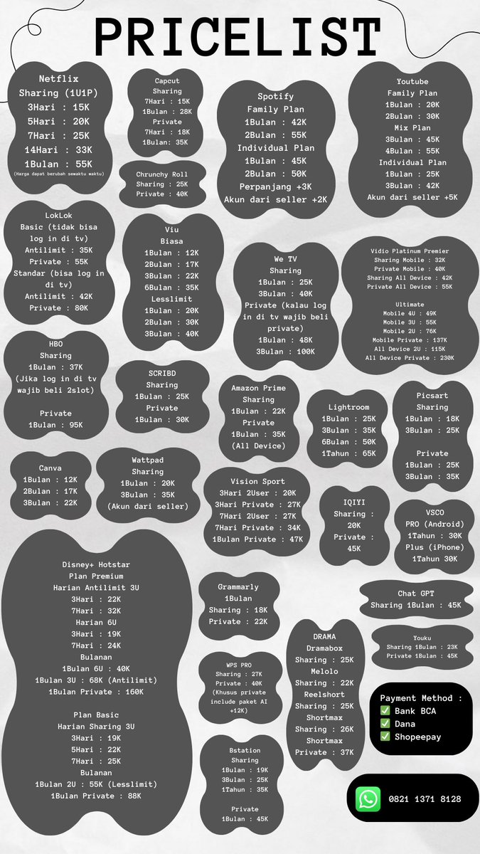 hiitsoydisapps's tweet photo. New pricelist nyaw😍 #netflix #spotifypremium #youtubepremium #remini #viu #wetv #vidio #primevideo #jualnetflix #jualnetflixmurah #canvapro #vscopro #remini #zonauang #zonajajan #zonaBU #wtb #wts #disneyhotstar https://t.co/lrEnUdxhjr