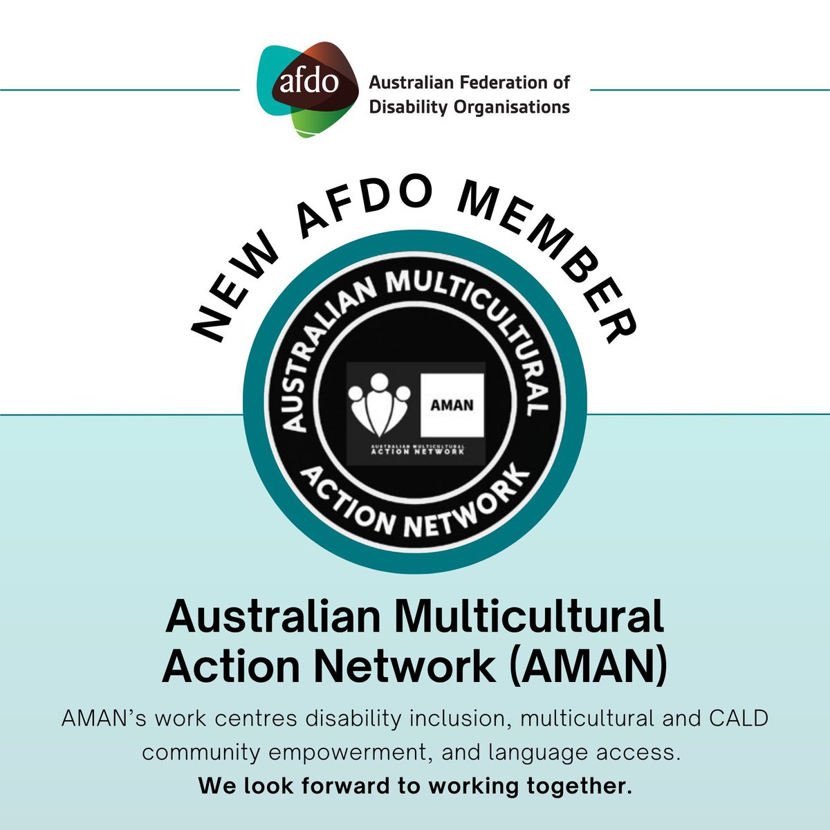 AfdoOffice's tweet image. AFDO welcomes the Australian Multicultural Action Network (AMAN) as our latest member.

AMAN’s work centres disability inclusion, CALD community empowerment, and language access.

More: amanact.org

#DisabilityRights #DisabilityAdvocacy #MulticulturalCommunities #CALD