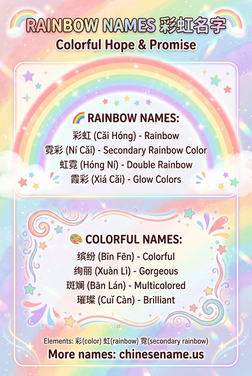 yangjerry666's tweet image. A splash of color, a promise of hope. 🌈

Discover our collection of beautiful Chinese names inspired by rainbows and bright skies.

Find your colorful name here: 🔗 chinesename.us

#ChineseNames #RainbowAesthetic #Hope
