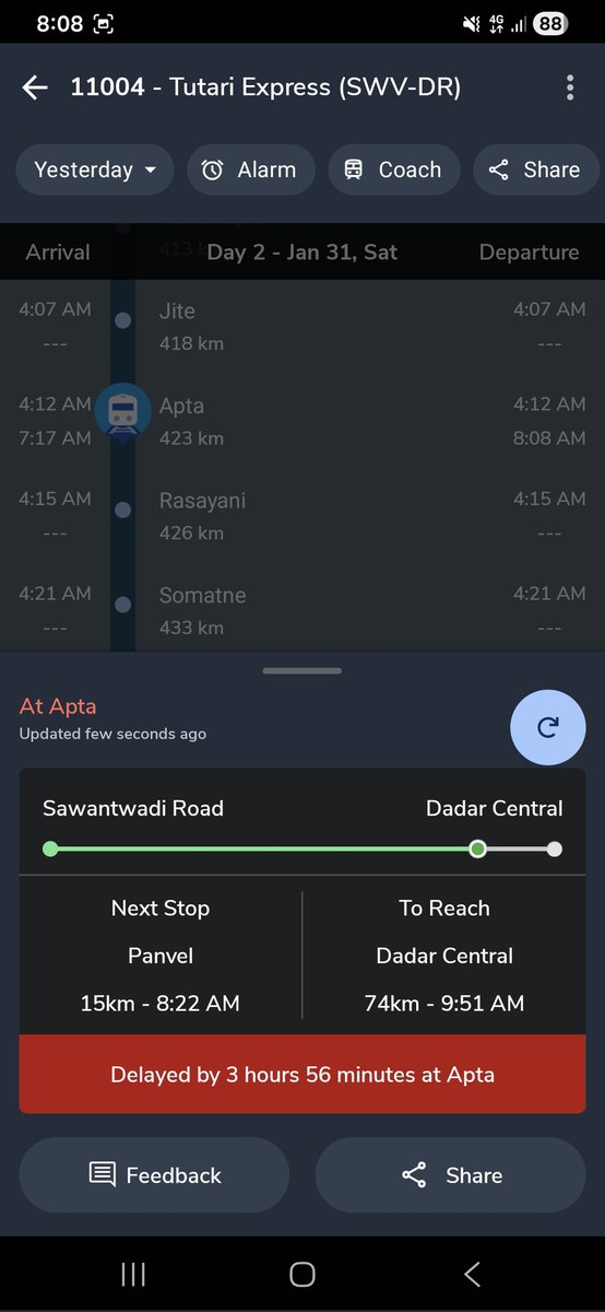 ShailendraS27's tweet photo. @RailMinIndia @RailwaySeva @KonkanRailway @AshwiniVaishnaw Train - 11004 DOJ - 30-Jan-2026 This train is already late and halt now at Apta station nearly 1 h 15 mins without any issues, just give side to 2 trains which will go on same side. Please explain this. https://t.co/BgDe0Y99vn