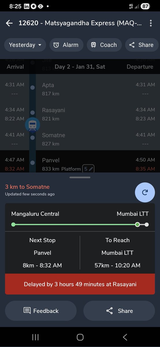 ShailendraS27's tweet photo. @RailMinIndia @RailwaySeva @KonkanRailway @AshwiniVaishnaw Train - 11004 DOJ - 30-Jan-2026 This train is already late and halt now at Apta station nearly 1 h 15 mins without any issues, just give side to 2 trains which will go on same side. Please explain this. https://t.co/BgDe0Y99vn