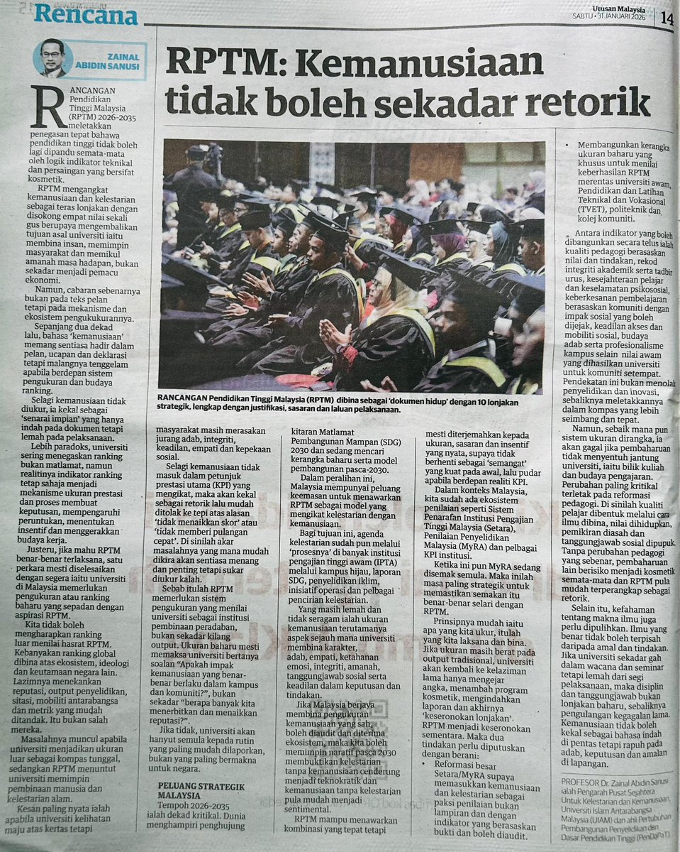 Kalau benar serius mahu bina peradaban dan kemanusiaan, tukar kayu ukur prestasi universiti - ukur adab, integriti, impak komuniti dan kualiti pedagogi, bukan sekadar ranking, KPI kosmetik dan angka output.