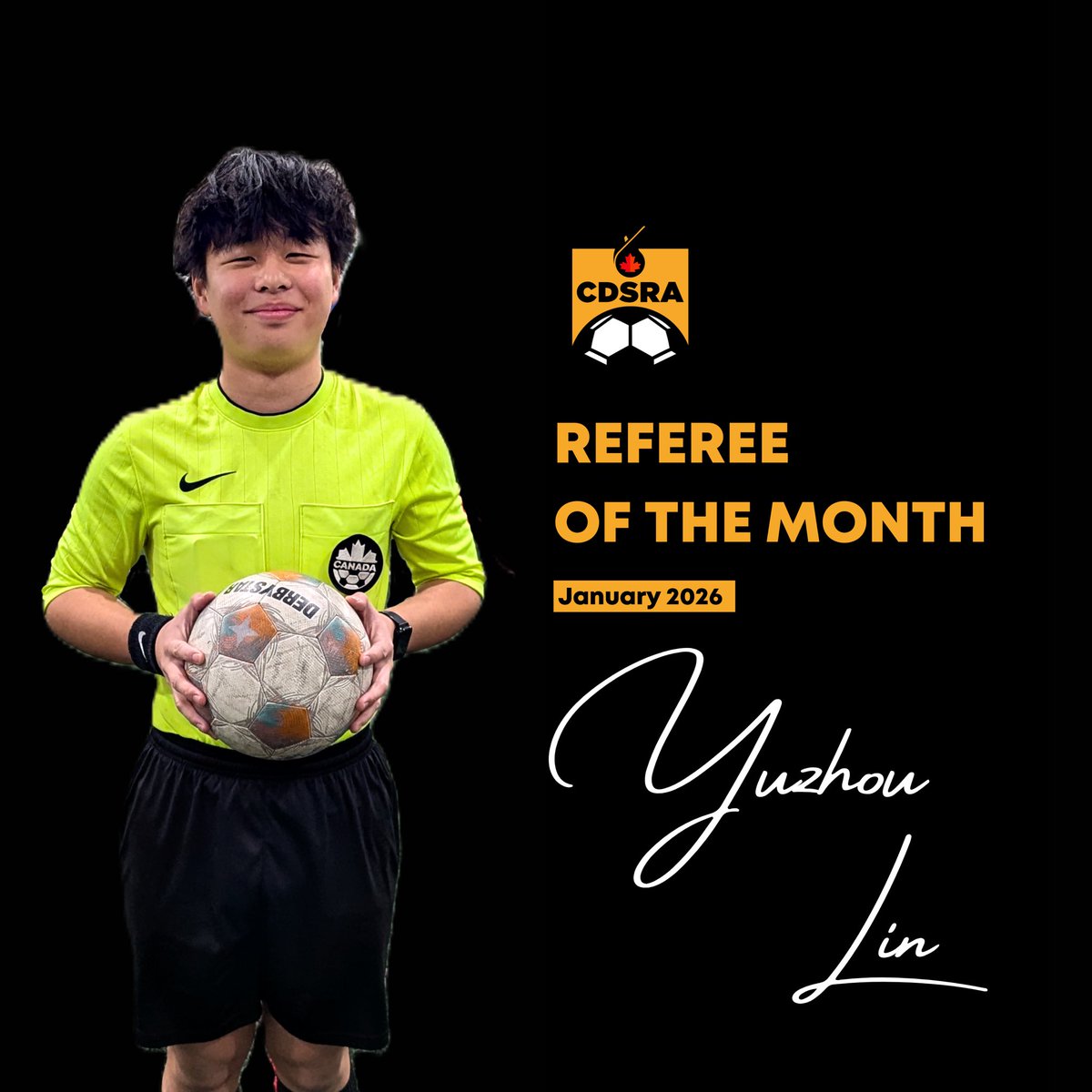 The CDSRA Referee of the Month features referees of different ages, levels, and backgrounds to reflect the diversity in our referee community and our association. Our January 2026 Referee of the Month is Yuzhou Lin. 

To learn more, visit (cdsra.org/news)
