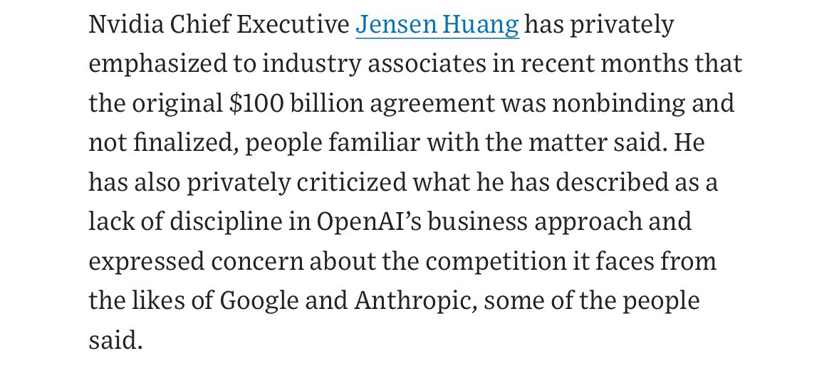 🚨🚨🚨BREAKING: NVIDIA-OPENAI $100B DEAL COLLAPSES

Jensen said the $100 billion agreement was nonbinding and not finalized 💀

>He privately criticized <a href="/sama/">Sam Altman</a>’s lack of discipline in OpenAI’s business model lol
>He expressed worry OpenAI is getting MOGGED by Google and Anthropic