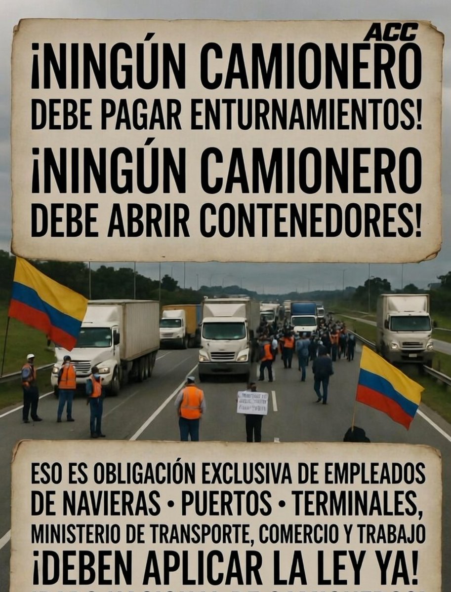 URGEN SOLUCIONES REALES 
Buenaventura sigue bloqueada por justa protesta d camioneros
Q se cansaron d recibir atropellos
<a href="/petrogustavo/">Gustavo Petro</a> <a href="/MintrabajoCol/">MinTrabajo</a> <a href="/MinTransporteCo/">MinTransporte</a> <a href="/MincomercioCo/">MinComercio Colombia</a> <a href="/infopresidencia/">Presidencia Colombia 🇨🇴</a> <a href="/MarnIris/">Iris Marín Ortiz</a> <a href="/DefensoriaCol/">Defensoría del Pueblo</a> <a href="/PGN_COL/">Procuraduría General de la Nación</a> 

<a href="/renacercamion/">Renacer Camionero</a> <a href="/NacionalAnt/">ANT OFICIAL</a>