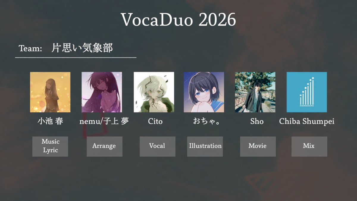 【ボカデュオ2026に参加します🎉】

片思い気象部
Music&amp;Lyric  小池 春 <a href="/hkoike_/">小池 春</a> 
Arrange  nemu/子上 夢 <a href="/Nemutasomaru/">nemu/子上 夢</a> 
Vocal  Cito <a href="/komore_biii/">𝘊𝘪𝘵𝘰</a> 
Illustration  おちゃ。 <a href="/ochaaaaaaa_138/">おちゃ。 COMITIA156【L13b】</a> 
Movie  Sho youtube.com/@sho7240
Mix  Chiba Shumpei  <a href="/chibapei_gt/">Chiba Shumpei</a> 

#vocaduo2026参加