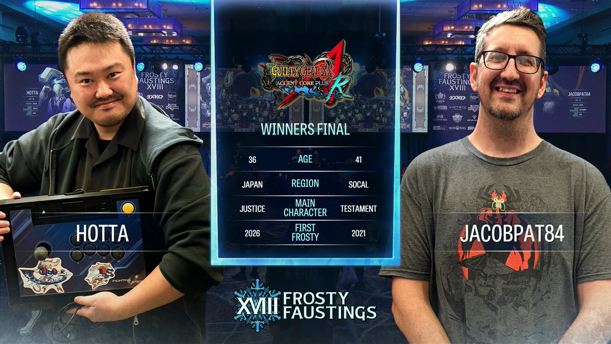 【GGXXACPR】

アメリカに"正義"執行しに行った日本勢がいるらしい

アメリカの最大規模対戦格闘ゲームイベント「Frosty Faustings XVIII 2026 Day2 - ギルティギア イグゼクス アクセントコア+R部門TOP8」配信中

▼TOP4
・ウィナーズ
　└🇯🇵堀田(ジャスティス)
　└🇺🇸Jacobpat84(テスタメント)