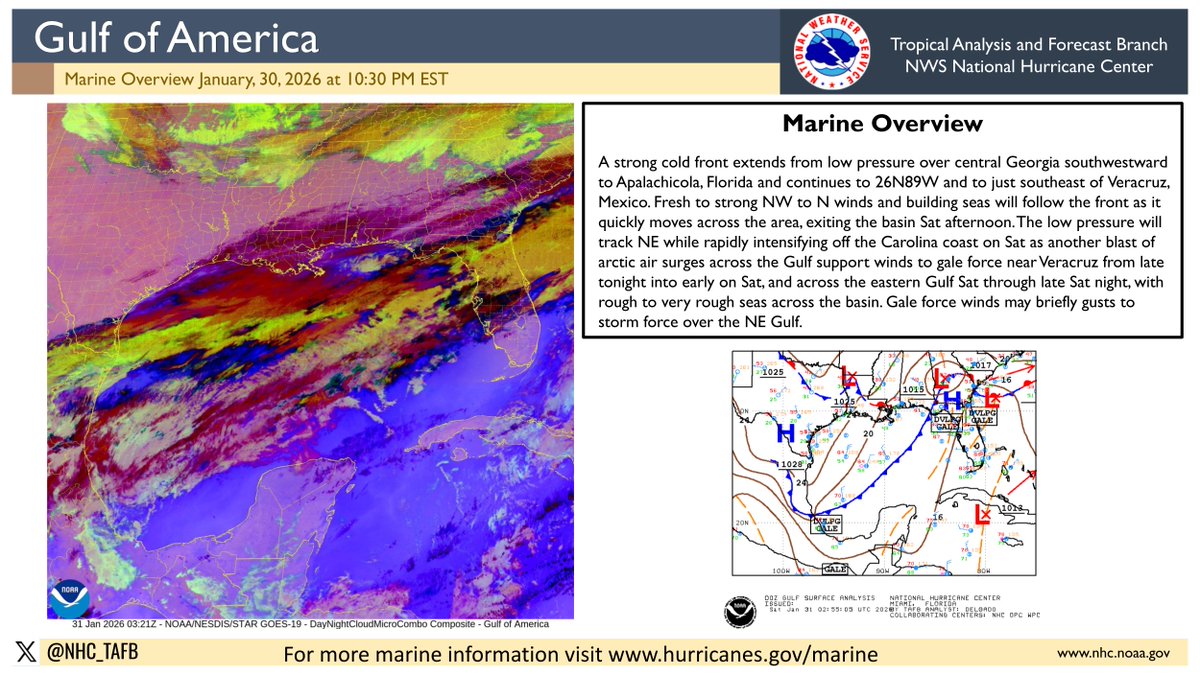 NHC_TAFB's tweet image. 1/30 - Gale Warning is in effect across the SW and Eastern Gulf waters due to an unusually strong cold front moving across the basin. Mariners are urged to use caution. More at hurricanes.gov/marine #marinewx #weatheraware