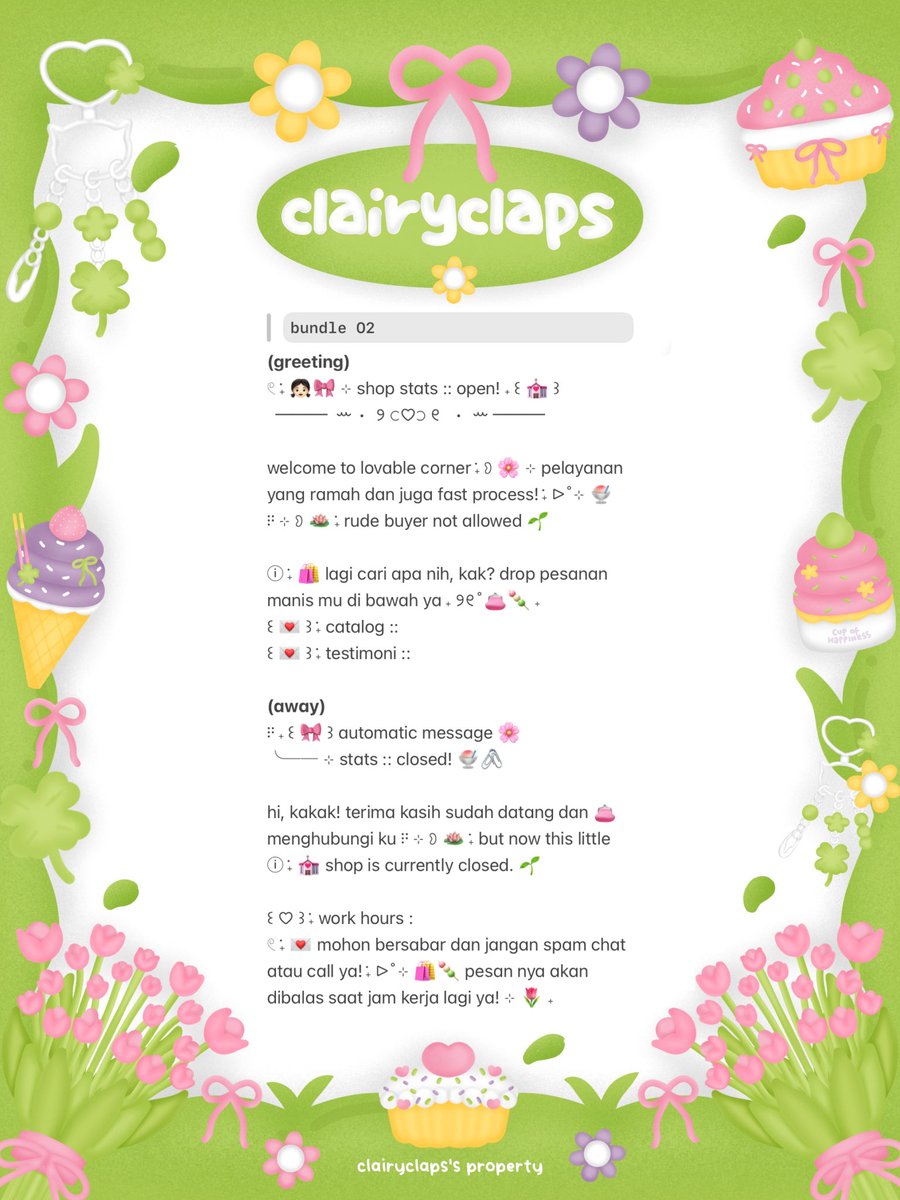 clairyclaps's tweet image. help repost? thanks a lot ♡ 

ⓘ ࣪˖ 🪷 aLoHA! che kembali merestock 🌱
wording BUNDLE greeting &amp;amp; away 𓏲 ࣪˖ 🍧
dengan harga &amp;lt; 1O.OOO &amp;gt; aja! 🌸🍡
୨୧˚ 👧🏻🎀 ˖ scroll down for more! ▷˚⊹

tag. #zonauang