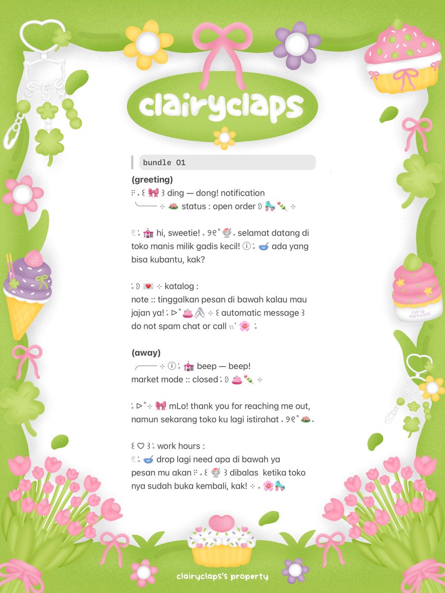 clairyclaps's tweet image. help repost? thanks a lot ♡ 

ⓘ ࣪˖ 🪷 aLoHA! che kembali merestock 🌱
wording BUNDLE greeting &amp;amp; away 𓏲 ࣪˖ 🍧
dengan harga &amp;lt; 1O.OOO &amp;gt; aja! 🌸🍡
୨୧˚ 👧🏻🎀 ˖ scroll down for more! ▷˚⊹

tag. #zonauang
