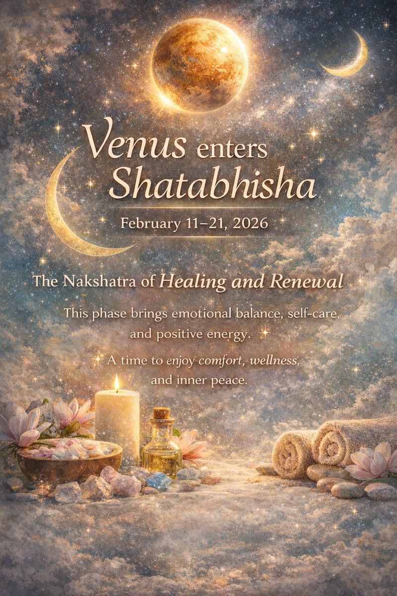 myvoice24's tweet photo. Venus enters Shatabhisha  from Feb 11 to feb 21, 2026
The nakshatra of healing and renewal.

This phase brings emotional balance, self-care, and positive energy. 💖🌺
A time to enjoy comfort, wellness, and inner peace.

#VenusTransit #Shatabhisha #HealingEnergy #AstroUpdate #SelfCareTime #CosmicVibes #SpiritualGrowth
