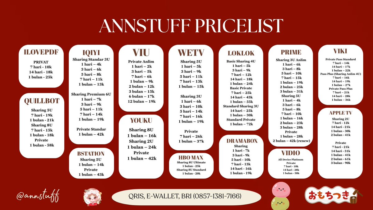 annstuff_'s tweet image. hi! annstuff here 💌 ready aplikasi premium &amp;amp; joki tugas spess manajemen 🍓🎀🤍 #zonauang 

💌 : wa.me/6285713817166
🧾 : QRIS, BRI, E-WALLET