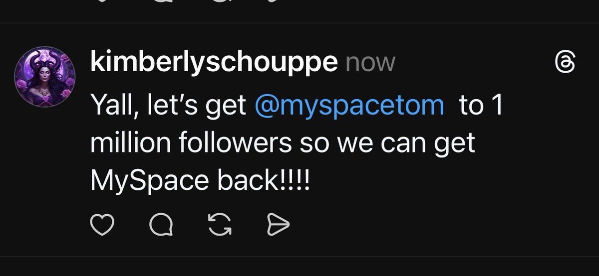 kimschouppe's tweet photo. Go follow tom on threads! Get him to a million followers so we can get MySpace back! https://t.co/XESvFCIOO0