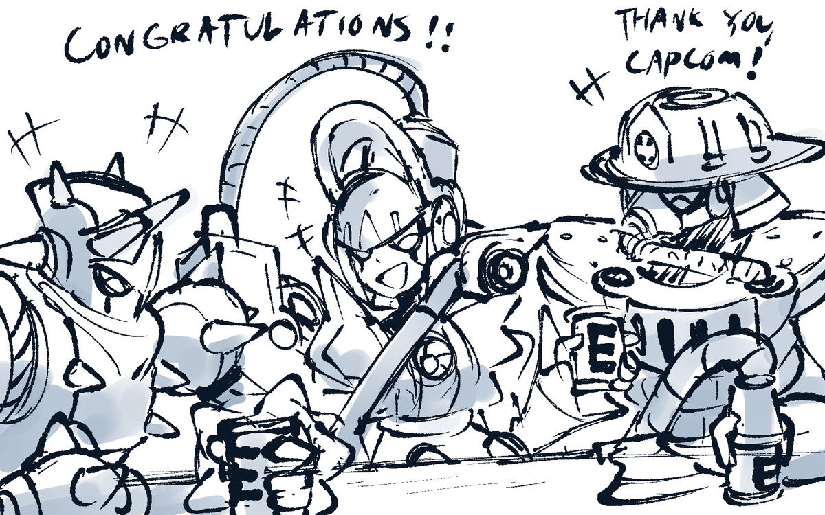 jsketch12's tweet image. It’s a little messy since I’m rushing to draw this from the airport on my iPad, but I wanted to doodle Sweeper with Valve and Cactus, a couple of my other favorites!

Congratulations to this round’s contenders, and thank you so much Capcom for putting us all into consideration!