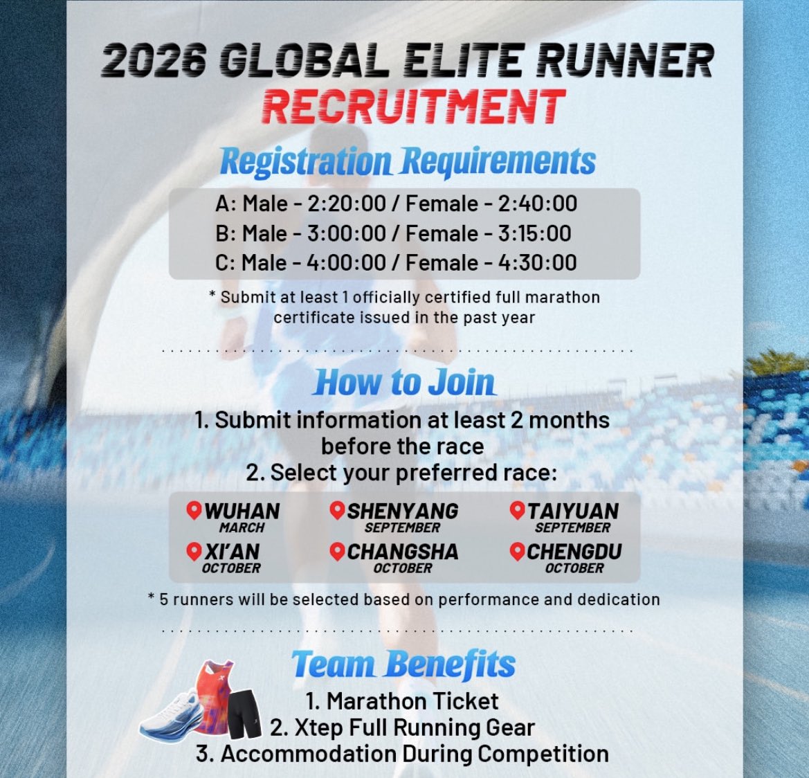 breaking25run's tweet image. 大迫さんが丸亀で着用していた、中国のシューズブランドのXtep(特歩)が
外国人向けにレースキット&amp;amp;中国国内のレース参加権&amp;amp;宿泊先提供の募集を行っています🇨🇳

交通費以外全額負担&amp;amp;X stepギア提供。
是非チャレンジしたいところ👟
#Xtep