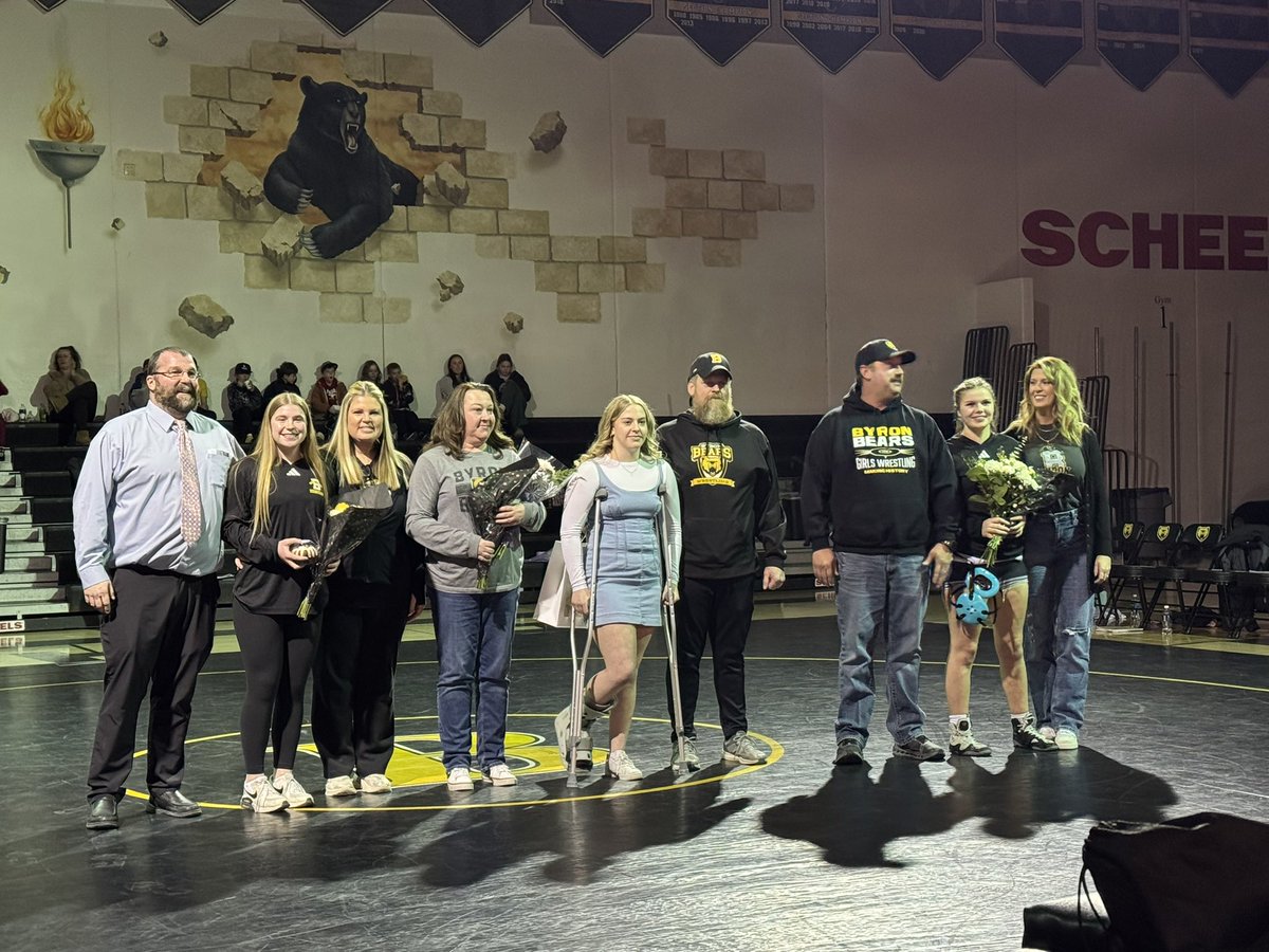 ByronWrestling's tweet photo. The Bears lose a gritty match to the Stewartville Tigers tonight on our Senior Night. Thank you to our Seniors:
-Kadie Augenstein 
-Brooke Golish
-Maryn Radke
Hammers: 🔨🔨🔨🔨🔨
Varsity: Merrick Radke
JV: Charlie Arndt
Girls: Kadie Augenstein https://t.co/N0WV4FPSP7