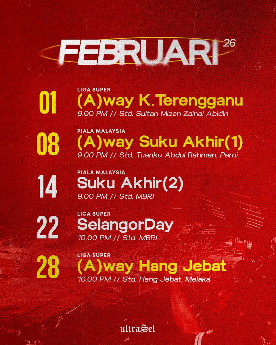 Februari 2026, 5 perlawanan, di manakah kalian? 

Jalan untuk membudayakan sokongan itu sentiasa ada. Cuma kita yang kena tentukan nak atau taknak. 

Esok Awayday Kuala Terengganu pergi macam mana? Bas? Kereta? Motor? Kapal Terbang? Lori? 😆