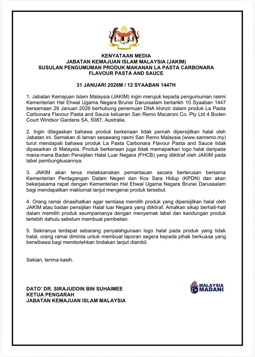Kenyataan Media
Jabatan Kemajuan Islam Malaysia (JAKIM) Susulan Pengumuman Produk Makanan La Pasta Carbonara Flavour Pasta And Sauce

31 Januari 2026M / 12 Syaaban 1447H