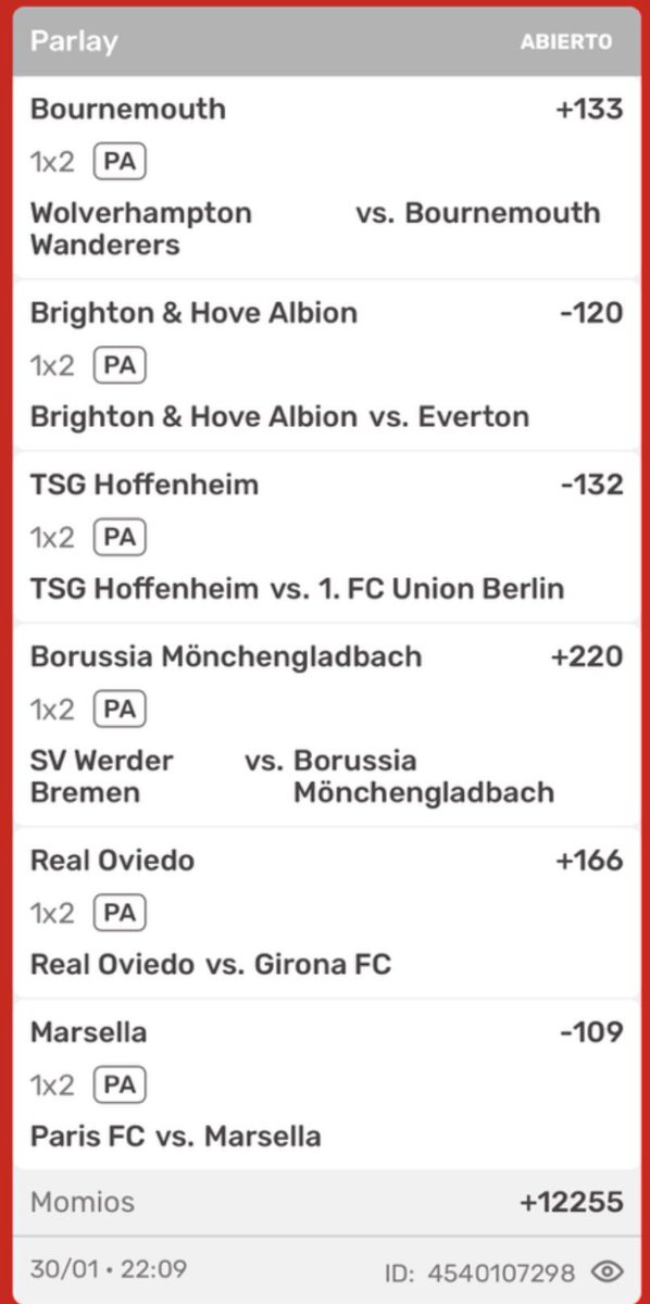 bytheBeast_Bets's tweet photo. Parlay soñador fútbol de Europa 

Mañana nos jugamos este momio +12,000. 

Si el Real Oviedo gana tenemos buena posibilidad de cobrar este Parlay. https://t.co/dRcN5p7Qmk