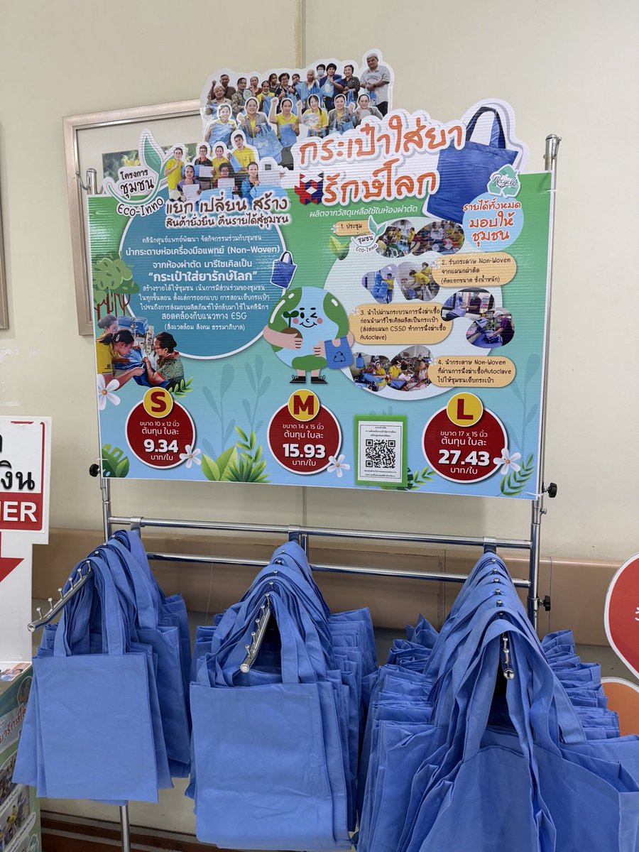 ไอเดียเลิศ win win ..ศูนย์แพทย์พัฒนา แก้ปัญหาผู้ป่วยลืมนำถุงมาใส่ยากลับบ้าน แก้ปัญหาขยะ และที่สำคัญมีการจ้างงานให้คนในชุมชนเย็บถุง สร้างรายได้ให้ชุมชนย่านนั้น