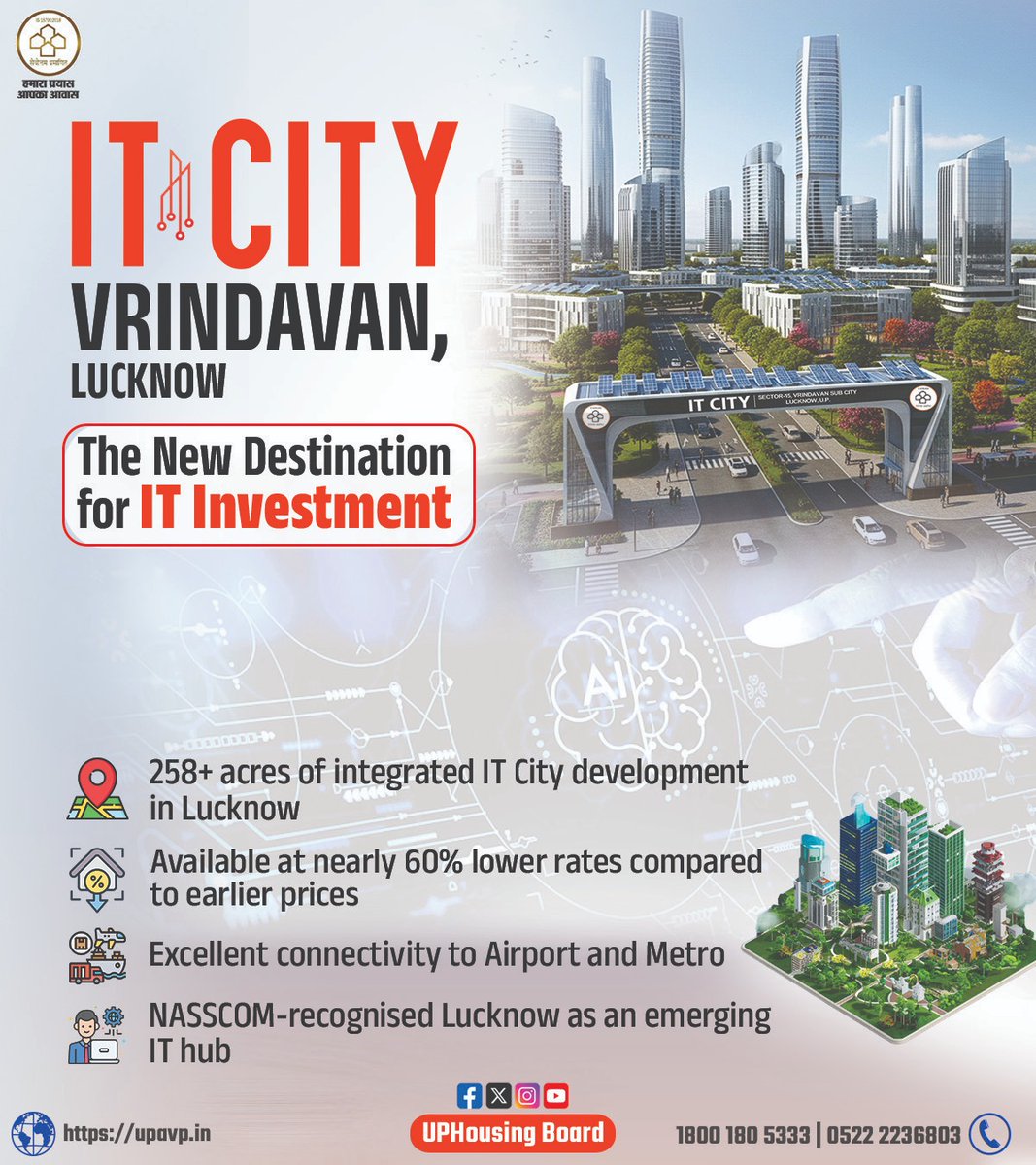 uphousingboard's tweet image. The new destination of IT Investment is IT City Vrindavan, Lucknow. A New Tech Hub!! 

#ITCITY #TechHub #LucknowITCity #NayeBharatKaNayaUP