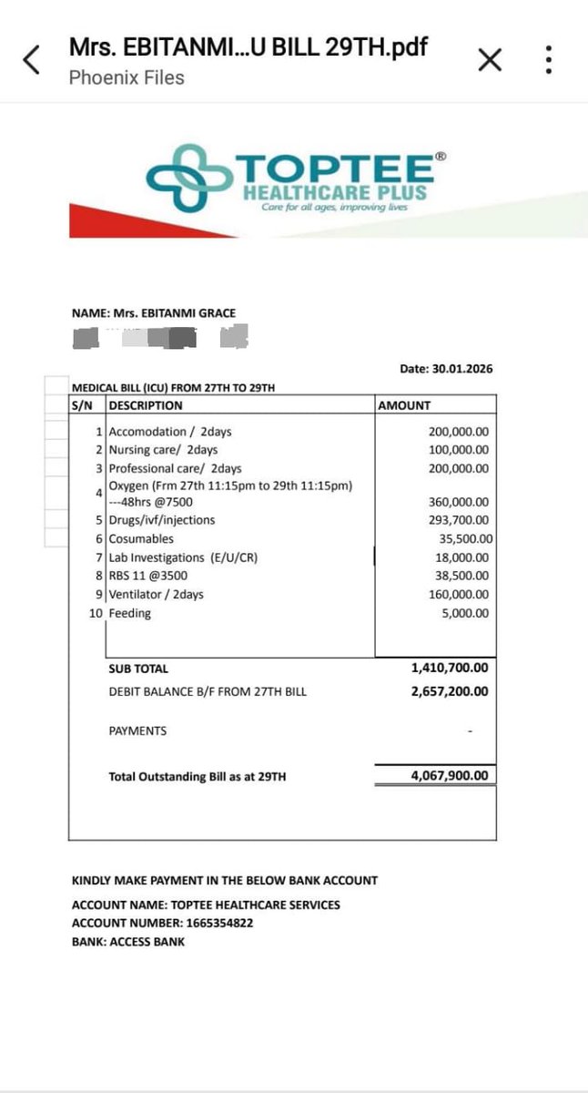 As at today, 30th January, 2026, her outstanding medical bill stands at
₦4,067,900 (Four Million, Sixty-Seven Thousand, Nine Hundred Naira).

So far, we have been able to raise about
₦500,000 (Five Hundred Thousand Naira).