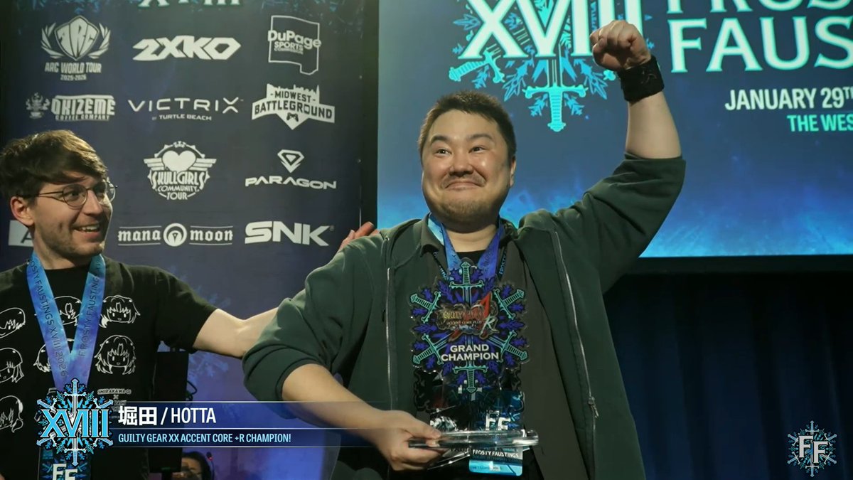 【GGXXACPR】

正義執行。ジャスティス使いの堀田氏がFrosty Faustings XVIII 2026優勝。

アメリカの最大規模対戦格闘ゲームイベント「Frosty Faustings XVIII 2026 Day2 - ギルティギア イグゼクス アクセントコア+R部門TOP8」配信中

▼順位
・1. 🇯🇵堀田(ジャスティス)
・2. 🇺🇸deft(ミリア)
・3.