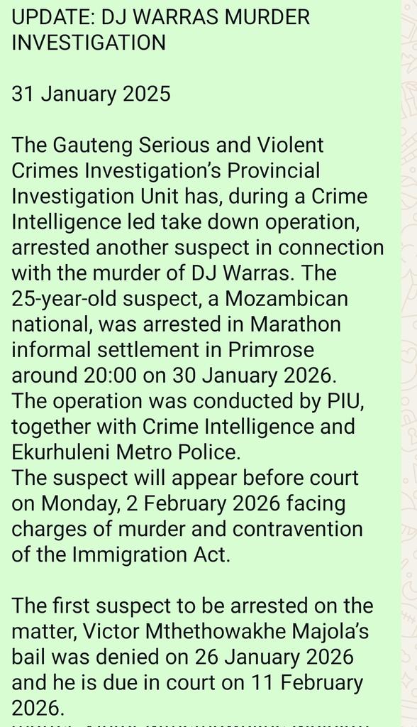 Chriseldalewis's tweet image. BREAKING

#DJWarras 

Gauteng Police say the man is a 25-year-old Mozambican national arrested at Marathon informal settlement in Primrose. He will appear in court on Monday facing charges of murder and contravening the Immigration Act

#sabcnews