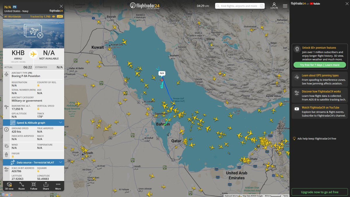 AIYeyENGDdJkjTr's tweet photo. Jan. 31, 2026
#Isa Air Base ==> #Persian Gulf
#NoCALLSIGN #AE6786 USN P-8A Poseidon https://t.co/lN140Tj6mN
