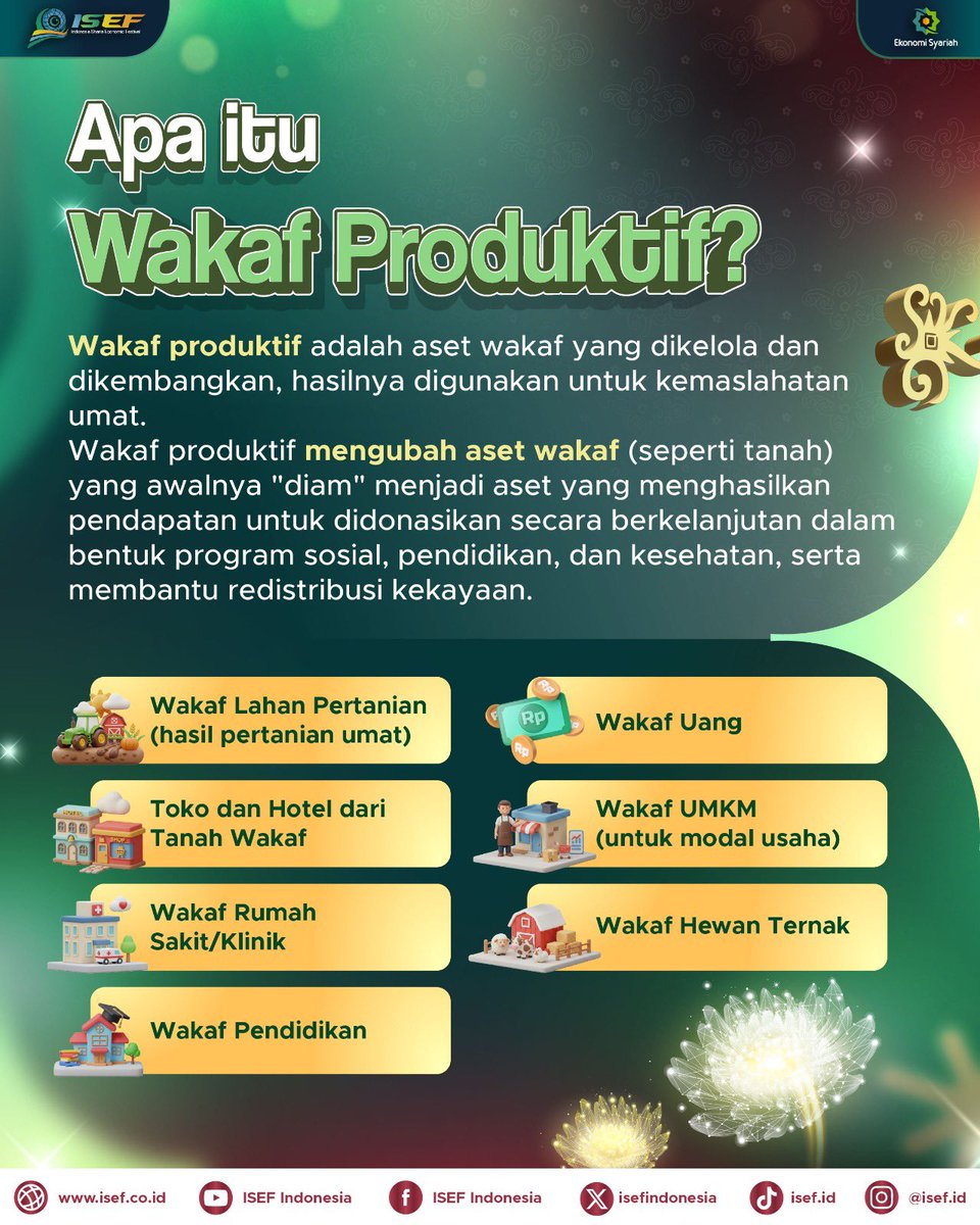 Assalamualaikum Sobat ISEF ✨

Wakaf ternyata lebih luas dari yang kita kira! Gak terbatas di 3M aja nih sobat alias Masjid, Madrasah, atau Makam. Tapi ada juga yang namanya Wakaf Produktif 😲