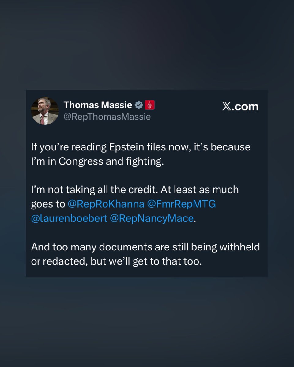⚡️JUST IN - Thomas Massie warns that a large number of Epstein files are still being withheld

“And too many documents are still being withheld or redacted, but we'll get to that too.”