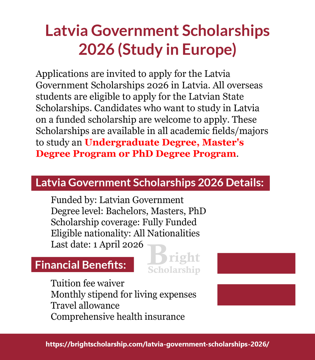 Latvia Government Scholarships 2026 (Study in Europe)

Degree level: Bachelors, Masters, PhD
Eligible nationality: All Nationalities
Award country: Latvia
Last date: 1 April 2026

Apply Link: brightscholarship.com/latvia-governm…

#BrightScholarship #FullyFunded #Scholarship #Latvia