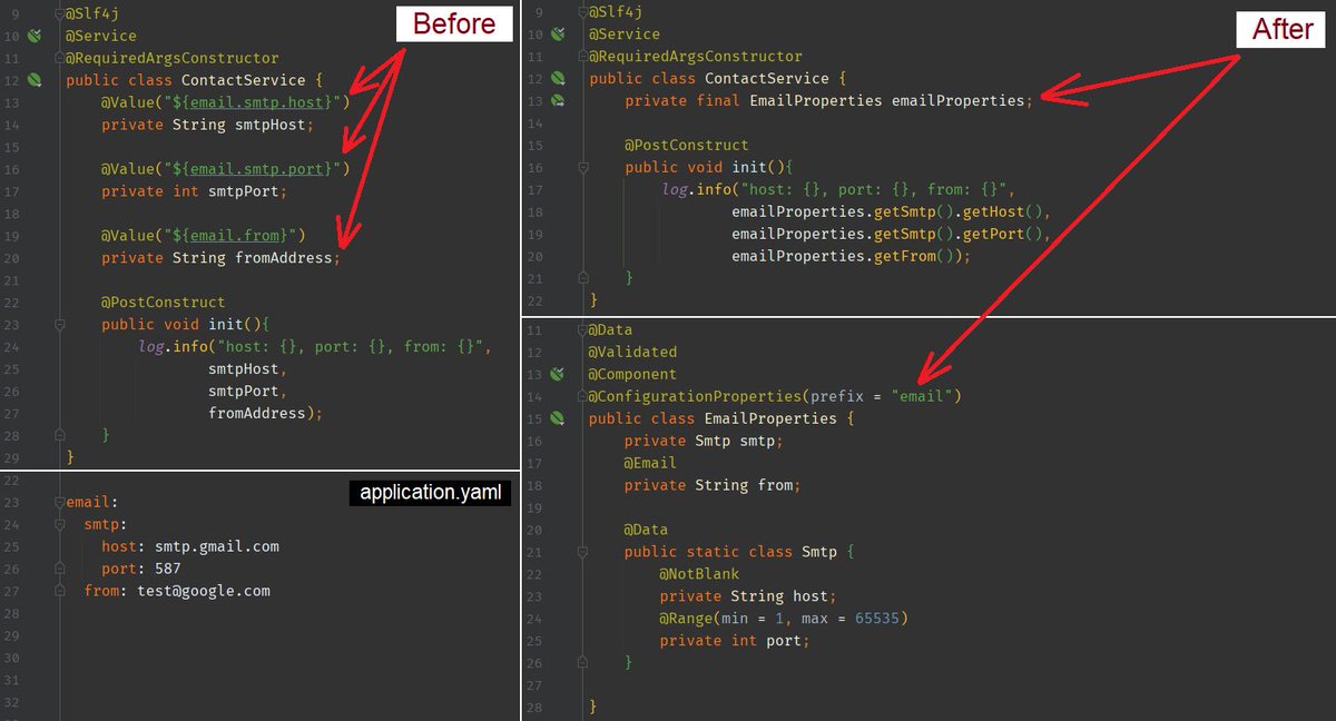 In Springboot, @Value should be replaced with @ConfigurationProperties for better control and testability.

-> Using @Value for multiple properties creates scattered configuration that's hard to maintain and test. 
->@ConfigurationProperties groups related properties into a
