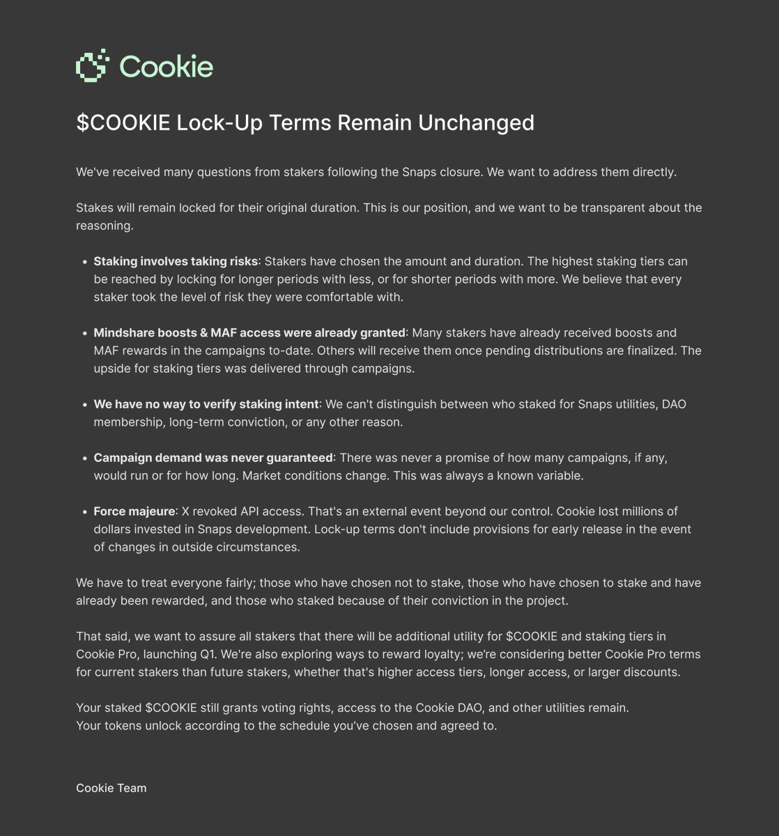 cookiedotfun's tweet photo. We’ve received questions regarding staked $COOKIE.
Lock-up terms remain unchanged. https://t.co/nLPLpiuHxC