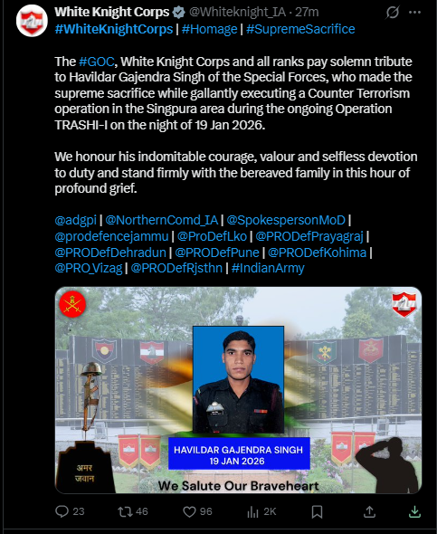 jkmediasocial's tweet photo. Kishtwar Update A Special Forces soldier lost his life during an ongoing counter-terror operation in Kishtwar. #Kishtwar #CounterTerrorOperation #IndianArmy #Martyr #SecurityForces #JammuAndKashmir https://t.co/PpNTB6c3Al
