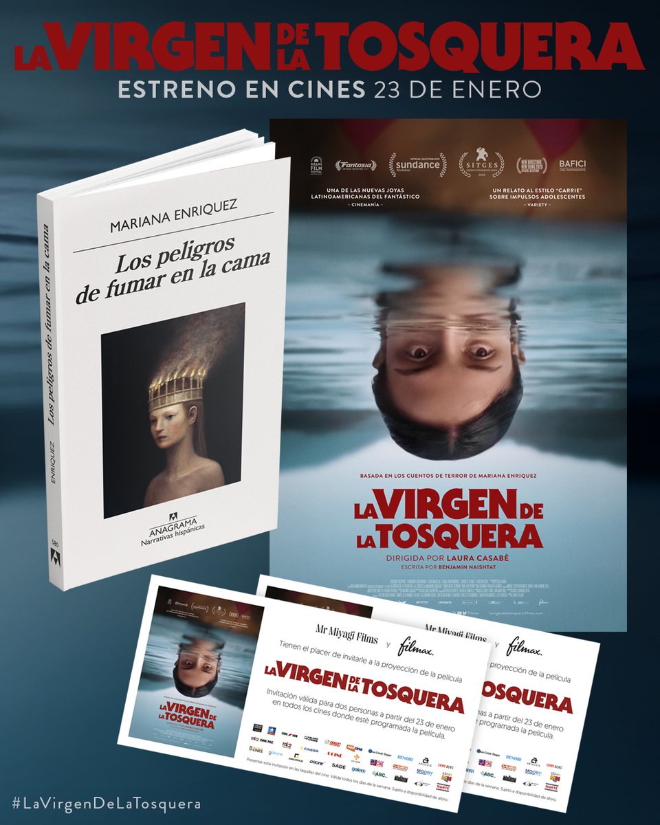 #Concurso 📚 ¡Tenemos 3⃣ packs de #LaVirgenDeLaTosquera para celebrar su estreno en cines este viernes! 

Participa y gana 1 ejemplar del libro LOS PELIGROS DE FUMAR EN LA CAMA de Mariana Enriquez + 1 entrada doble de cine para ver la película. Si quieres participar, tienes que⏬