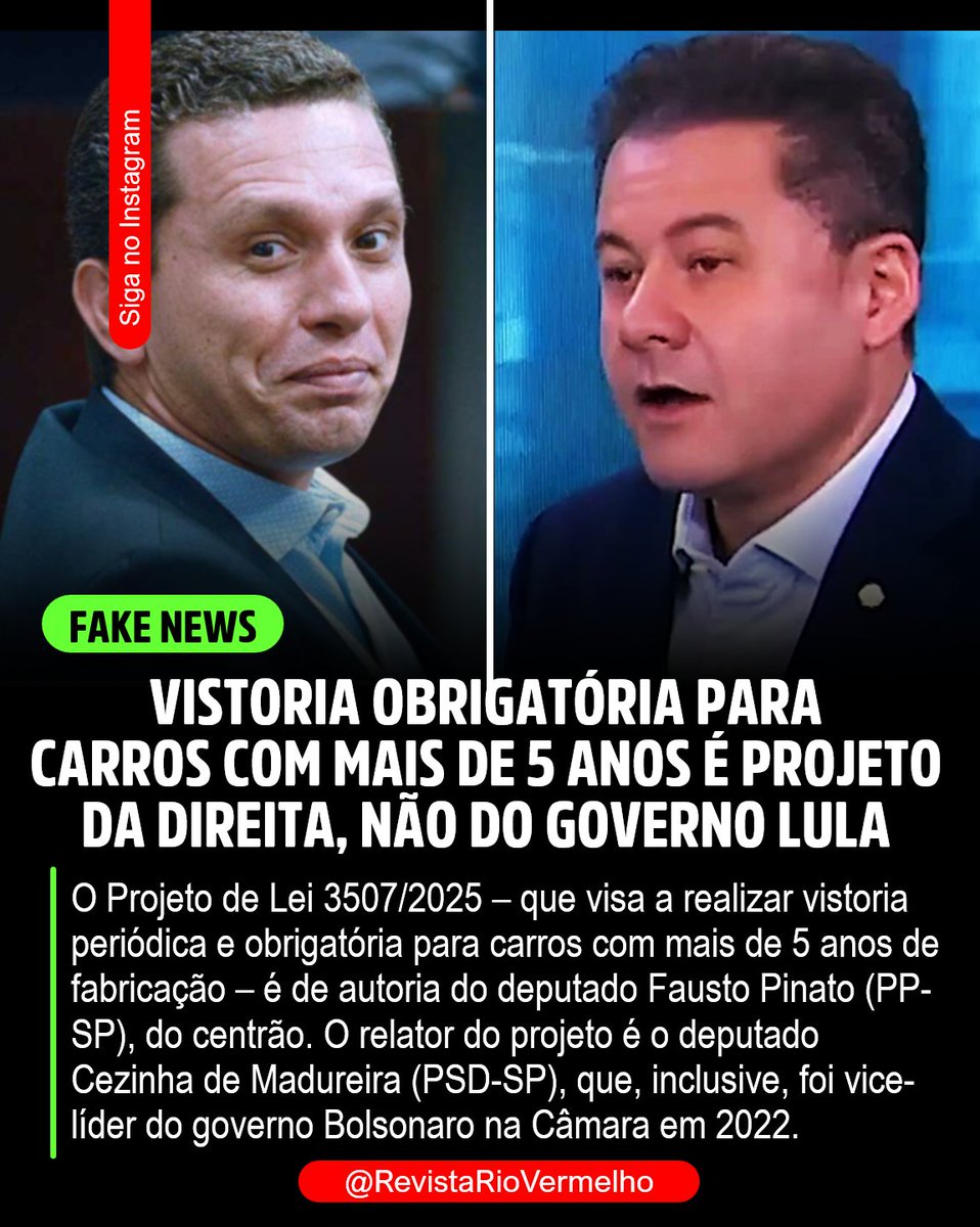 AlexandreSousaK's tweet photo. FAKE NEWS! Vistoria obrigatória para carros com mais de 5 anos é projeto da direita, não do governo LULA https://t.co/Oheg9FcD9n