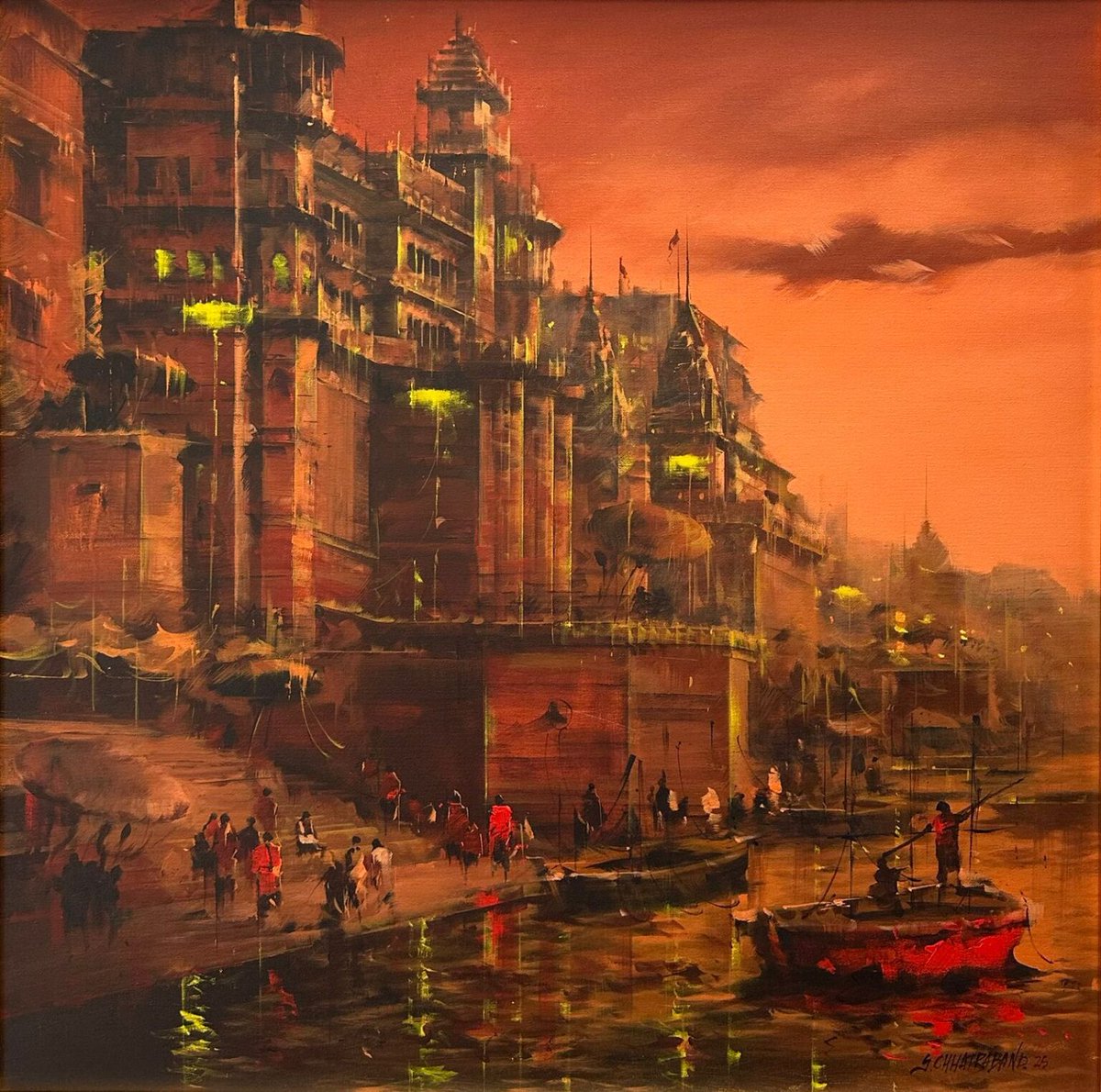 Witness the golden hour in the spiritual capital of India with Sandeep Chhatraband’s "Banaras Ghat.“ painting

Message us for more information!
 WhatsApp: +91 9819187697 - Bhavya Gala 
Email: bhavya@rhythmartgallery.com 

#rhythmartgallery #artgallery #painting #BanarasGhat