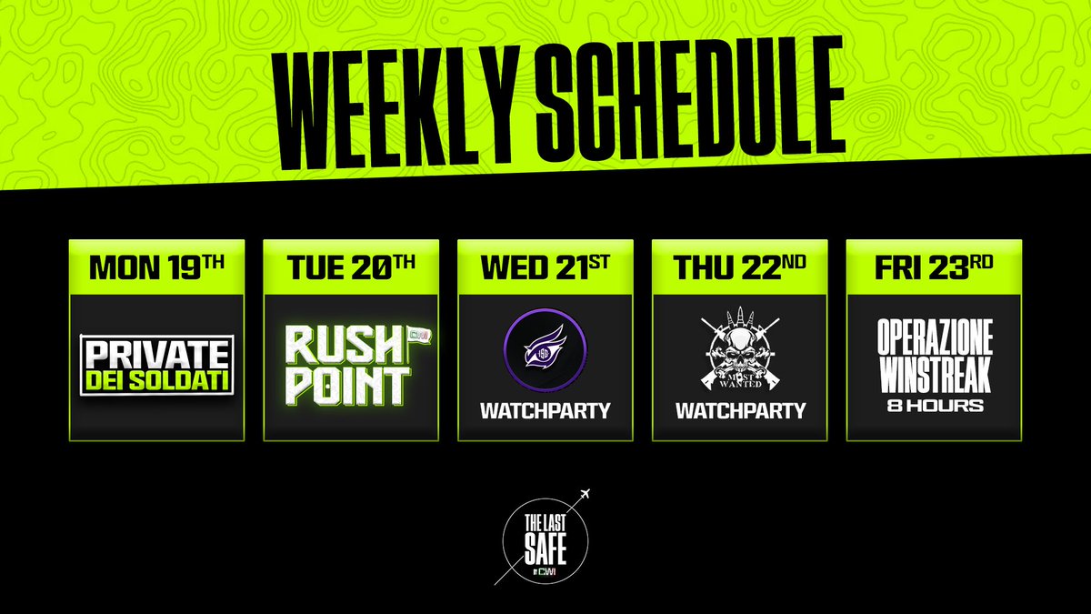 Our #WeeklySchedule 
It’s gonna be a INSANE WEEK 🔥
<a href="/FranK__PMC/">FranK PMC</a> <a href="/Monte_cwi/">Giuseppe Montebello</a> <a href="/MostWantedITA/">Most Wanted</a> <a href="/insightgaming/"></a>